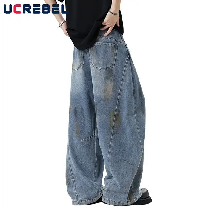 Graffiti sale lavage jean hommes poche rétro haute rue épissé jambe large Baggy Denim banane pantalon