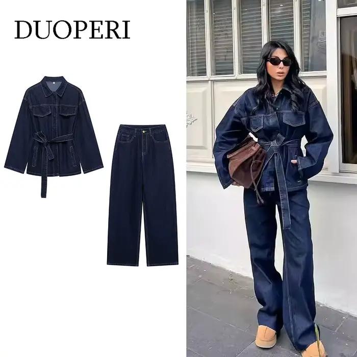 DUOPERI femmes mode 2 pièces ensembles avec ceinture vestes en jean et Vintage avant fermeture éclair
