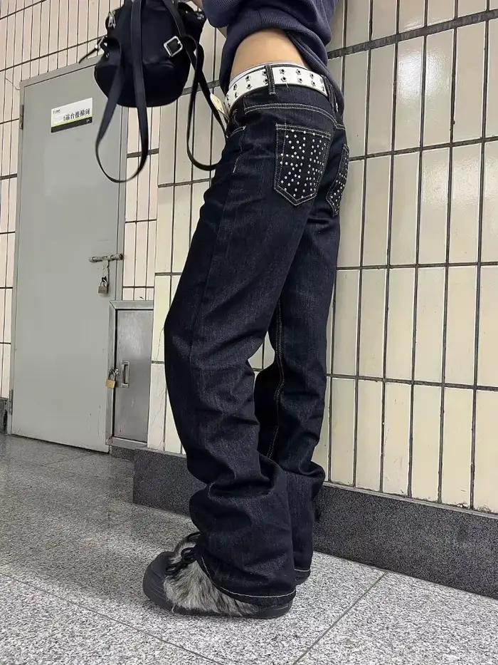 Deeptown Vintage strass femmes jean Y2k Harajuku taille basse Style américain pantalon en Denim droit Baggy Grunge Gyaru rue