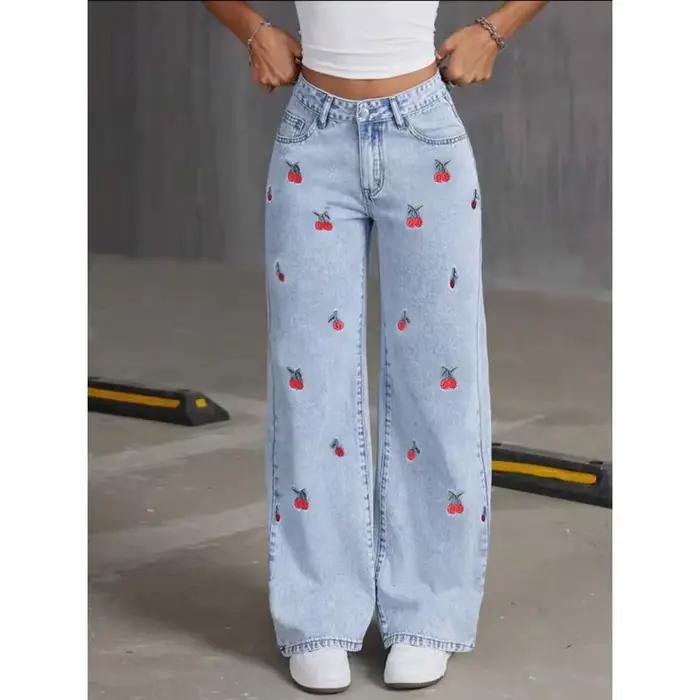 Jean brodé taille haute pour femmes