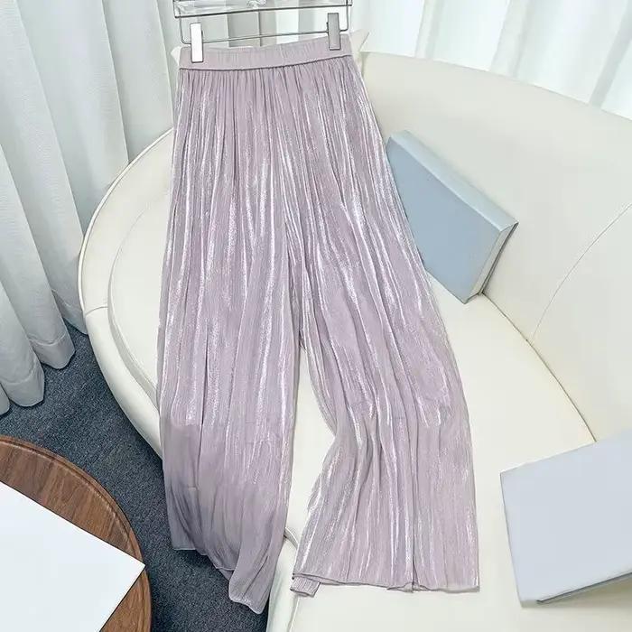Pantalon large élastique taille haute pour femme plissé en mousseline fin et ample pour l'été pantalon droit tendance pour femme occassions décontractées et bureau ```