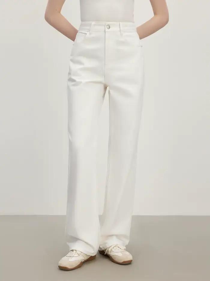 Jeans droit taille haute FSLE pour femmes, décontractés et élégants, blanc et bleu, printemps et été, ajustement mince, bouton volant