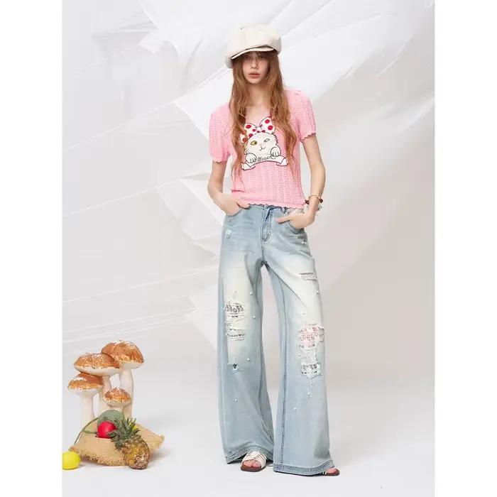 ELFSACK Jean bleu clair délavé à jambes larges