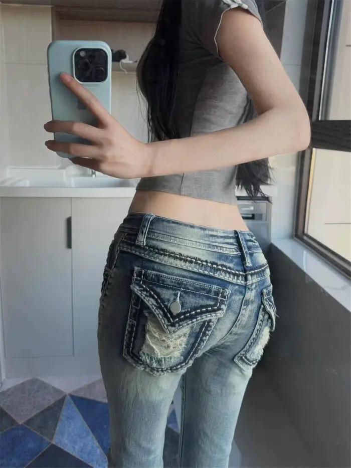 Jeans Bootcut Femme Style Y2K Denim Déchiré Coupe Skinny Occasions Spéciales Mode Nostalgique