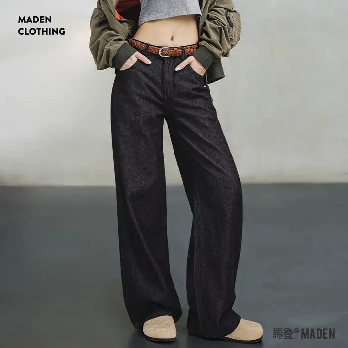 Pantalon Maden Jean Noir Rétro pour Femme Coupe Droite Décontractée Polyvalent Printemps Automne Occasions Spéciales