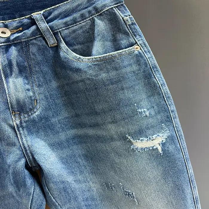 Jean déchiré à trous coniques pour homme, denim effiloché, vintage, décontracté, bleu, nouvelle collection, pantalon sarouel, toile épaisse, ajustement ample, quatre saisons, quotidien