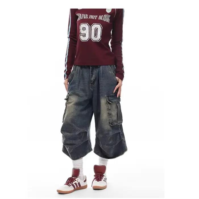 Jeans en denim délavé style rétro américain pour hommes et femmes