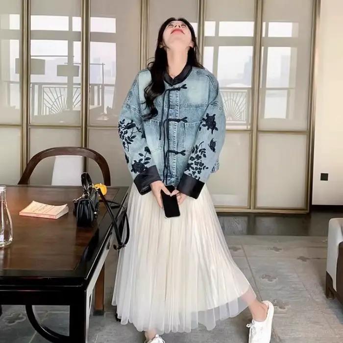 Veste en jean chic ample pour femmes high street avec broderie col rond polyester coton occasion automne hiver à offrir