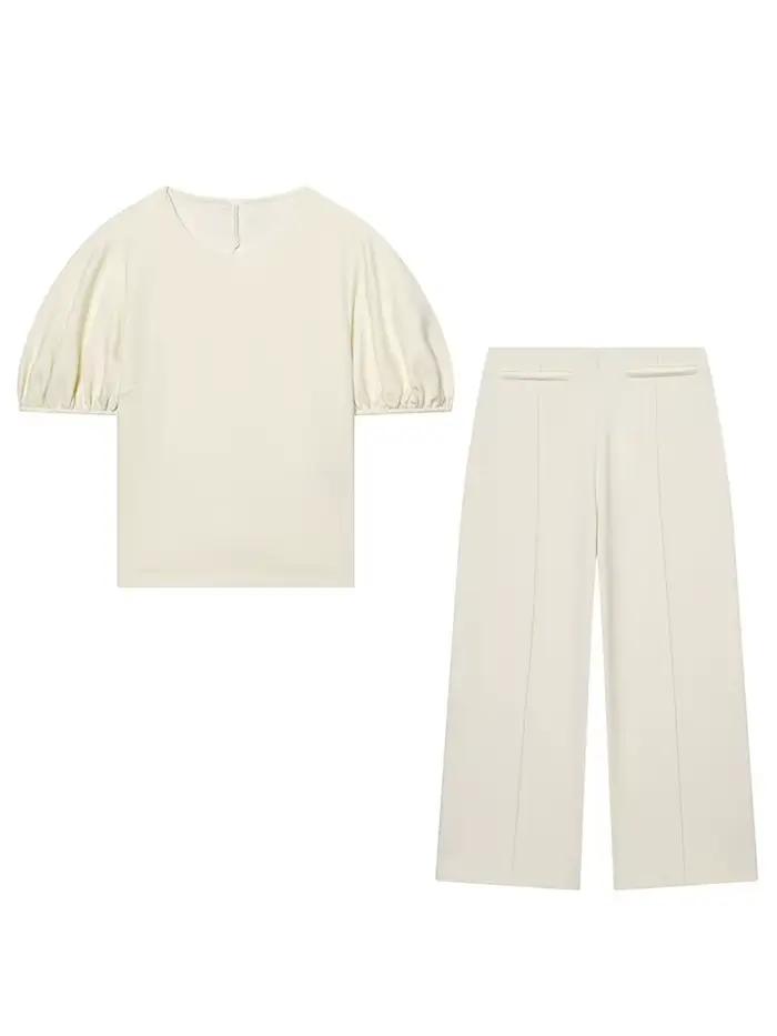 Ensemble pantalon et haut décontracté beige pour femme HH