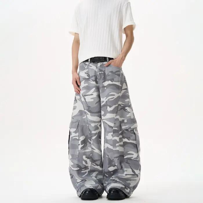 KISKO American High Street Washed Camouflage Wide Leg Knife Edge Jeans Straight Loose Trousers for Men And Women Trendy Brand