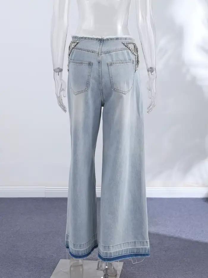Jeans Y2K à franges en strass pour femmes, taille basse, denim ajouré, style streetwear chic et doux, haute couture printemps été 2026