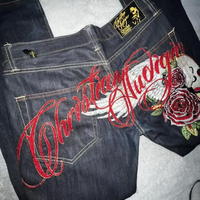 Jeans à broderies d'ailes d'ange pour femme