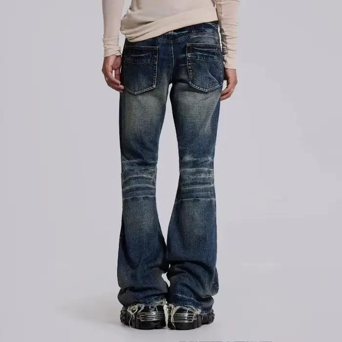 Jean pour hommes Harajuku Y2K Streetwear mi bleu pantalon en Denim évasé Vintage délavé Bootcut jambe large coupe ample gothique haute rue nouveau