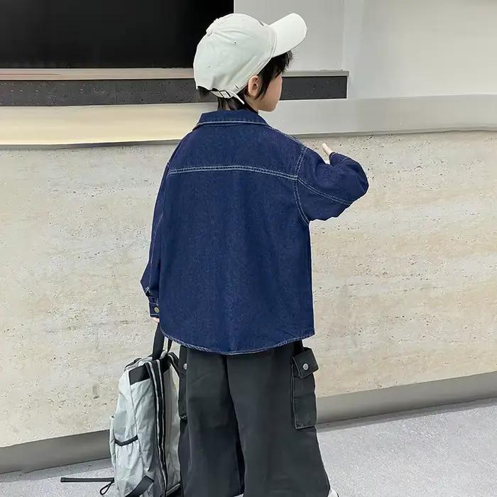Kids Retro Dark Blue Denim Jacket Coat with Letters For Teens Boy Harajuku Streetwear Clothing Children Casual Jeans Outfit