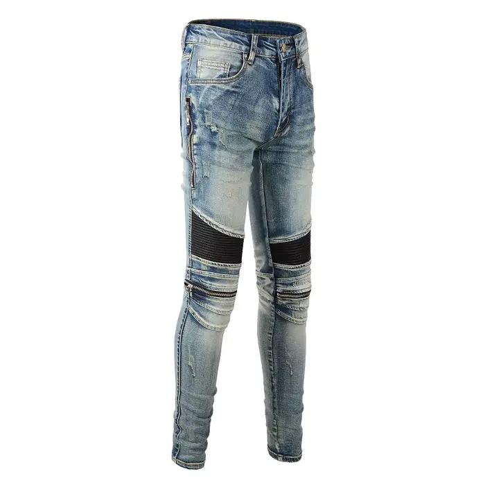 Jean homme en détresse moto couleur bleue avec nervures en cuir Patchwork fermetures éclair maigre déchiré