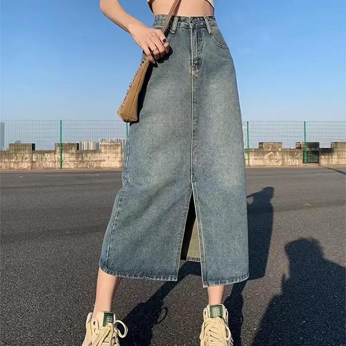 Jupe en jean fendue taille haute pour femmes