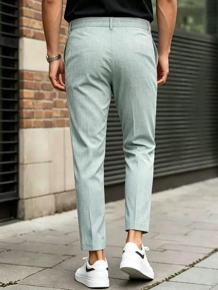 Pantalon chinois homme double plissé texturé viscose polyester élasthanne coupe slim fuselée longueur cheville décontracté bureau occasions semi-formelles