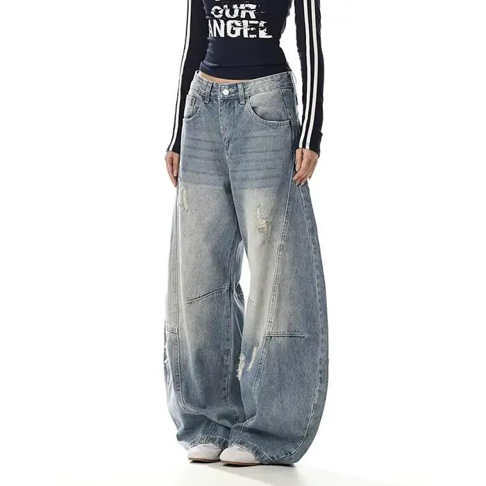 Jean déchiré pour femme style rétro américain denim bleu design Y2K coupe large style cowboy japonais Harajuku pantalon long occassions spéciales