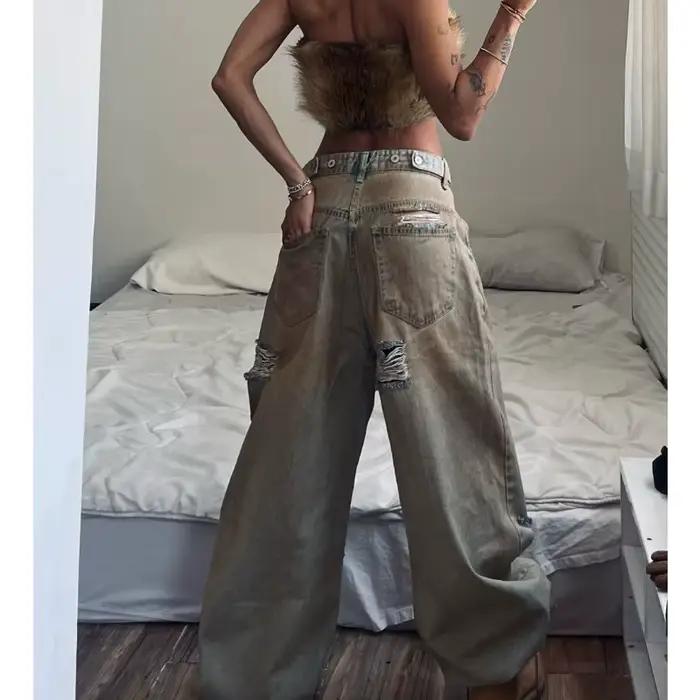 2025 Wasteland High Street Old Jeans Broken Trend Jeans amples à jambes larges