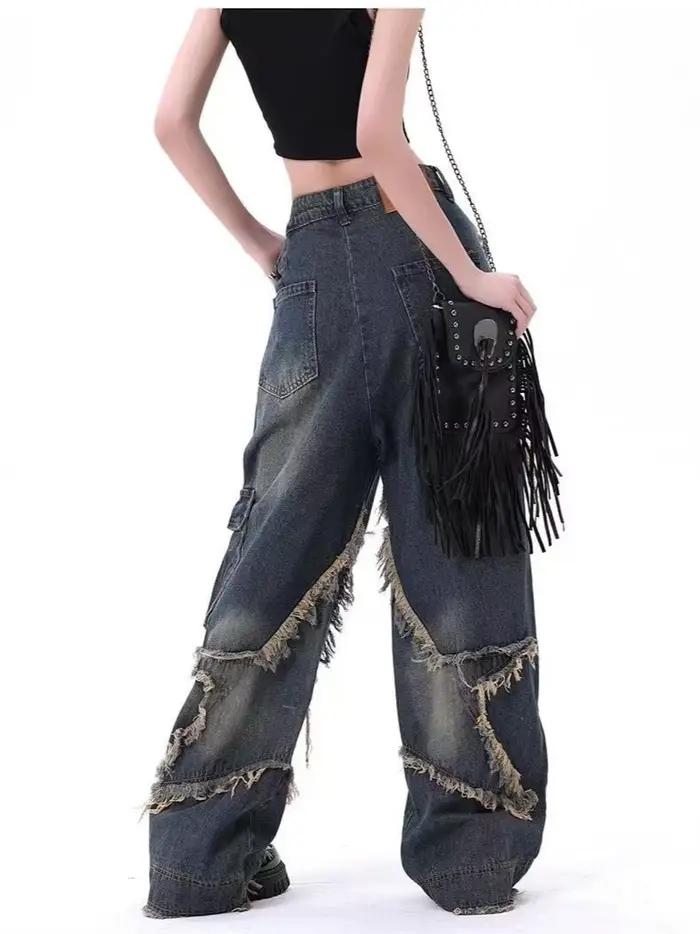 Jean Vintage américain délavé à cinq points pour femmes, ourlet effiloché, Niche de rue, pantalon Long surdimensionné à jambes droites, nouvelle collection