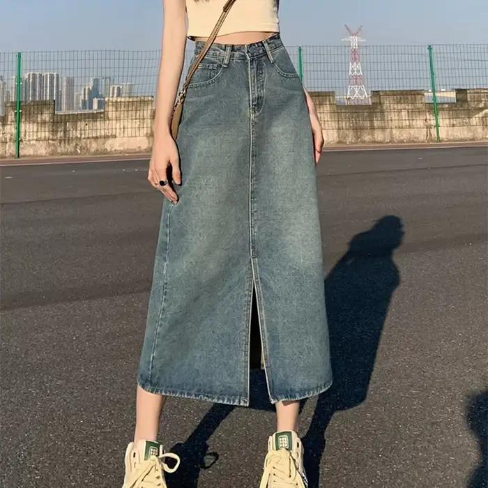 Jupe en jean fendue taille haute pour femmes