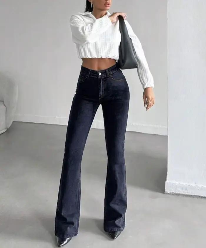 Jean évasé bleu foncé taille haute coupe botte ajustée pour femmes toutes saisons ocassions spéciales