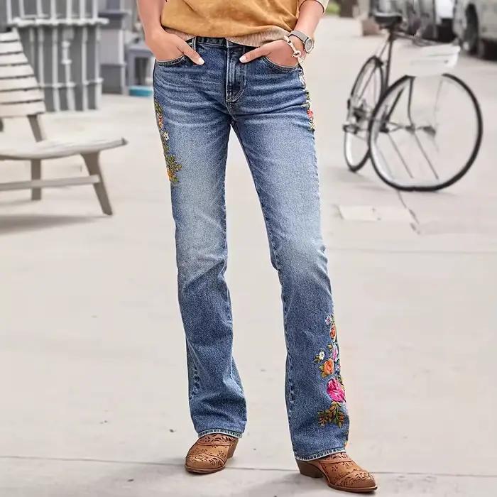 Jean femme coupe botte pantalon évasé Stretch taille moyenne broderie pleine longueur
