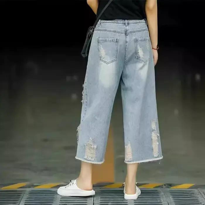 Culottes en jean déchiré bleu clair pour femme