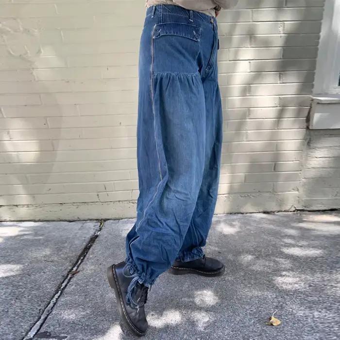 Jean plissé à poches larges en denim de coton pour femmes, style Boho, printemps et été, ample et décontracté