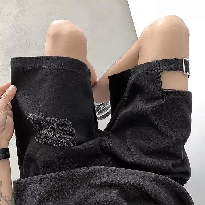 Shorts en jean déchiré délavé pour homme – Coupe ample rétro pour l'été