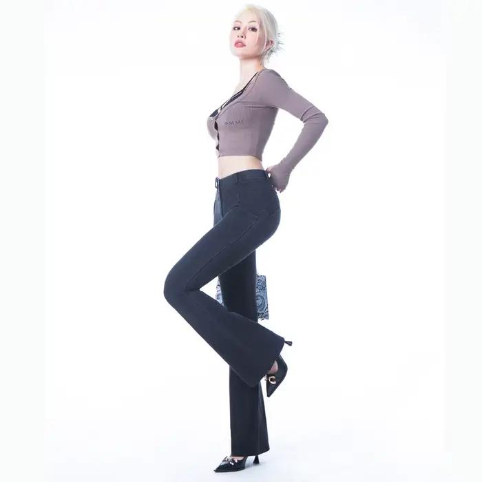 Shascullfites Petite Flare Jeans pour femme Sexy Denim Bell-Bottoms Pantalon Streetwear Noir