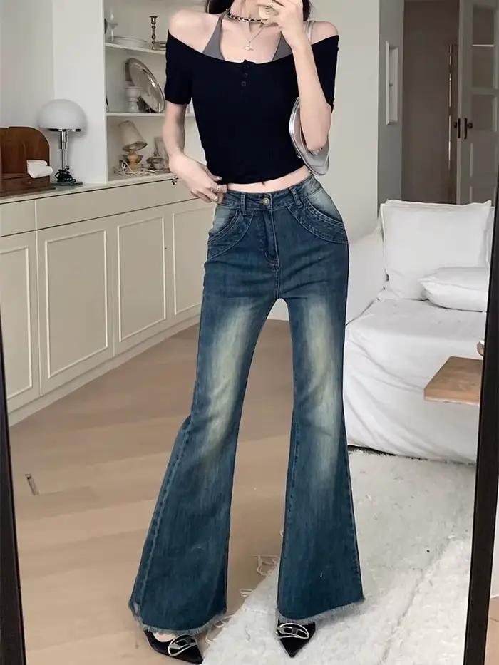 Pantalon de cowboy évasé rétro pour femme avec poches