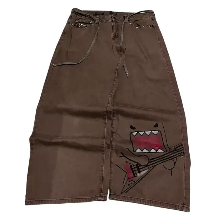 Jean long en denim taille haute Y2K tendance marron avec imprimé guitare Domo Kun