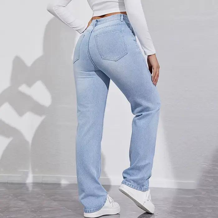 Lucyever-Pantalon en denim délavé bleu clair pour femme