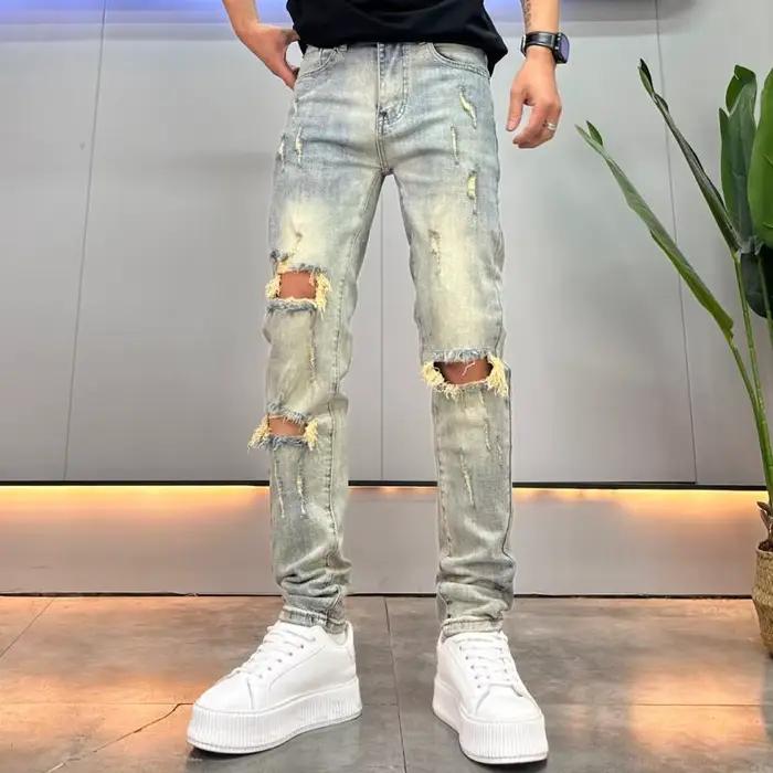 Jean déchiré aux genoux homme style rétro décontracté pour printemps automne ocasions casual