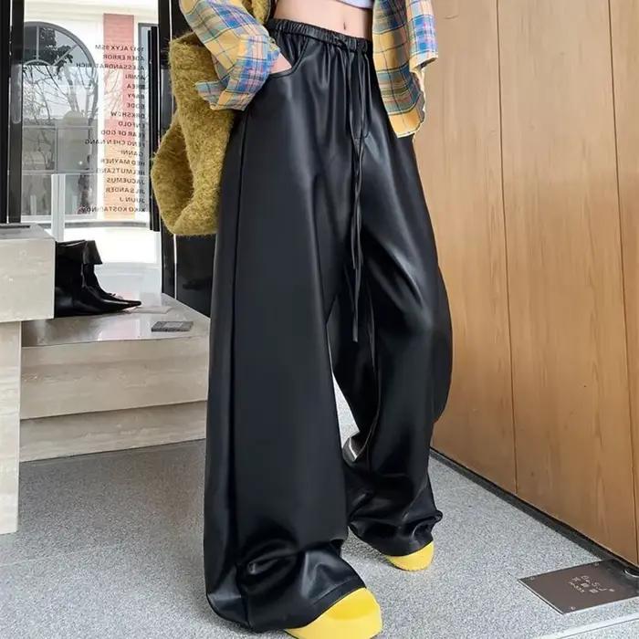 Pantalon décontracté en cuir PU noir pour femmes, ample et large, coupe amincissante, confortable et élégant, automne et hiver