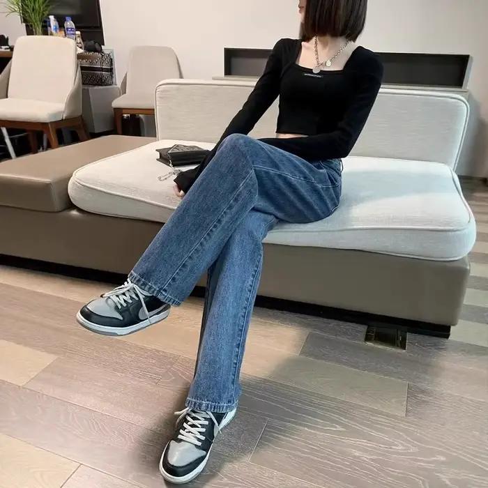Jean en denim taille haute à jambe droite pour femme