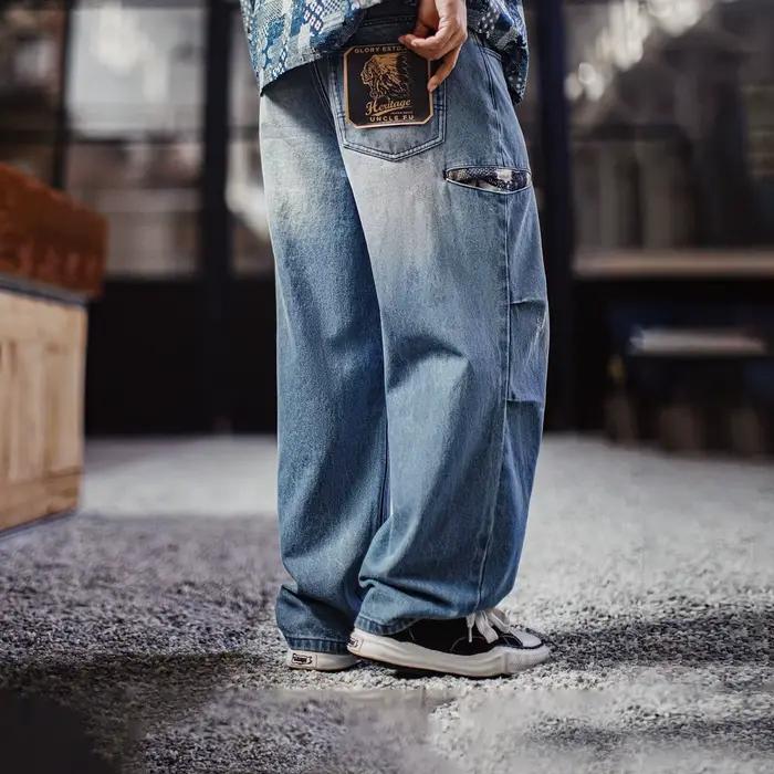 Jean Maden pour homme, style vintage Boro patchwork, coupe parachute, déchiré et vieilli, jambe large, en denim épais, décontracté