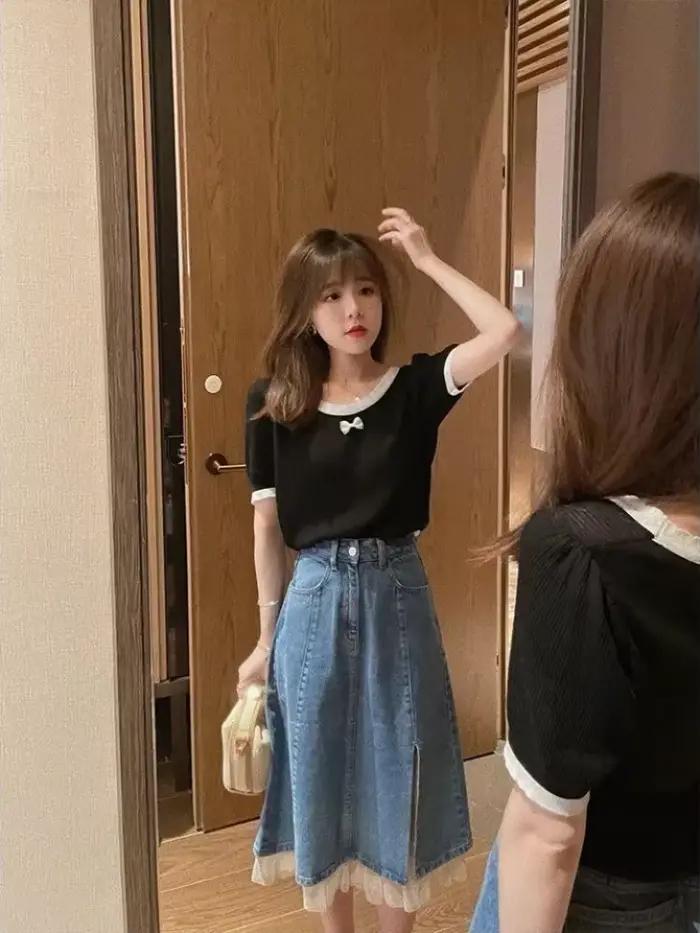 Femme jupe en jean dentelle Patchwork taille haute épissage