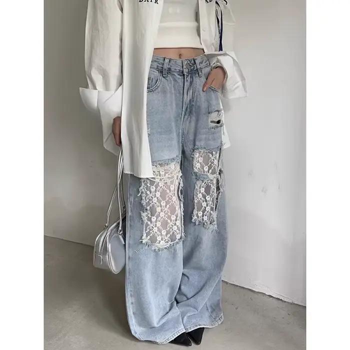 Dentelle déchirée américaine rétro Y2K années 2000 épissée ​ ​ Jean femme ample jambes larges 2025 Style d'été Design taille haute pantalon droit