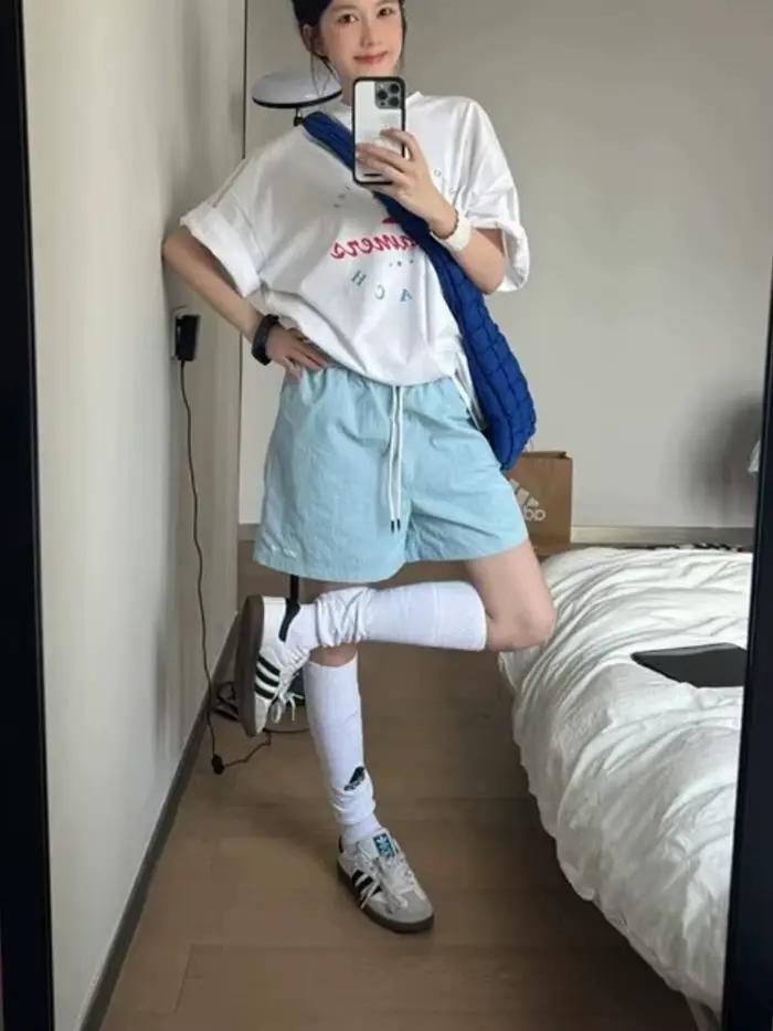 HOUZHOU Harajuku bleu Shorts pour femmes Style coréen Baggy Sport pantalons courts décontracté mode taille haute rétro