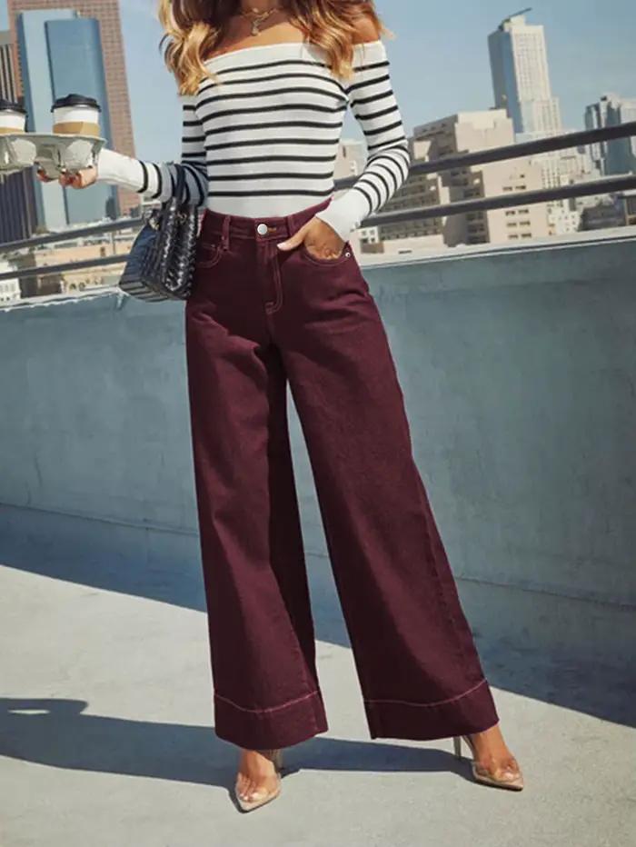Jean Taille Haute Bordeaux Pour Femmes Style Polyvalent Jambes Larges Denim Extensible Occasions Spéciales