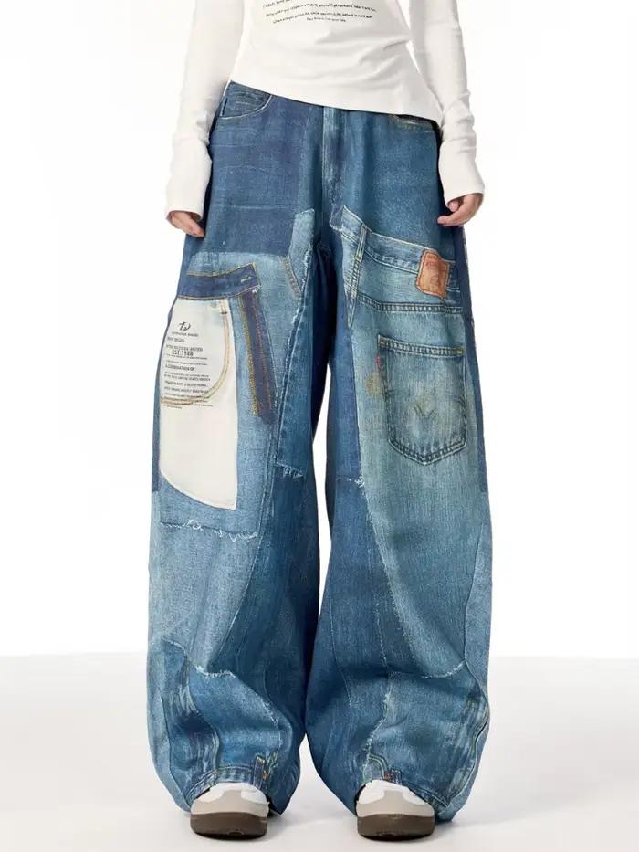 Jeans Baggy Empilé à Jambes Larges pour Femme Style Punk Grunge Y2K Occasions Spéciales Garde-Robe Mode Rebellon
