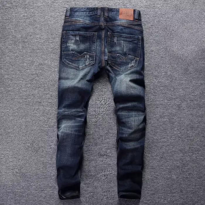 Style italien mode hommes jean rétro bleu foncé élastique coupe ajustée déchiré
