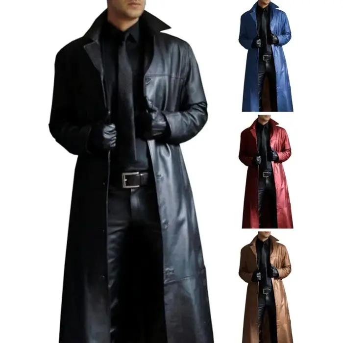 Veste longue en simili cuir homme style gothique punk col rabattu boutonnage détresse printemps automne durable pour homme occasions quotidiennes
