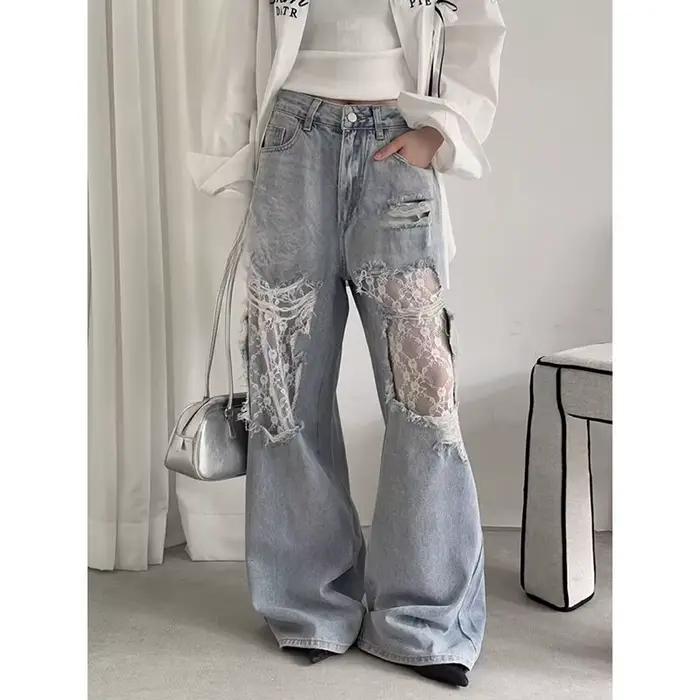 Dentelle déchirée américaine rétro Y2K années 2000 épissée ​ ​ Jean femme ample jambes larges 2025 Style d'été Design taille haute pantalon droit