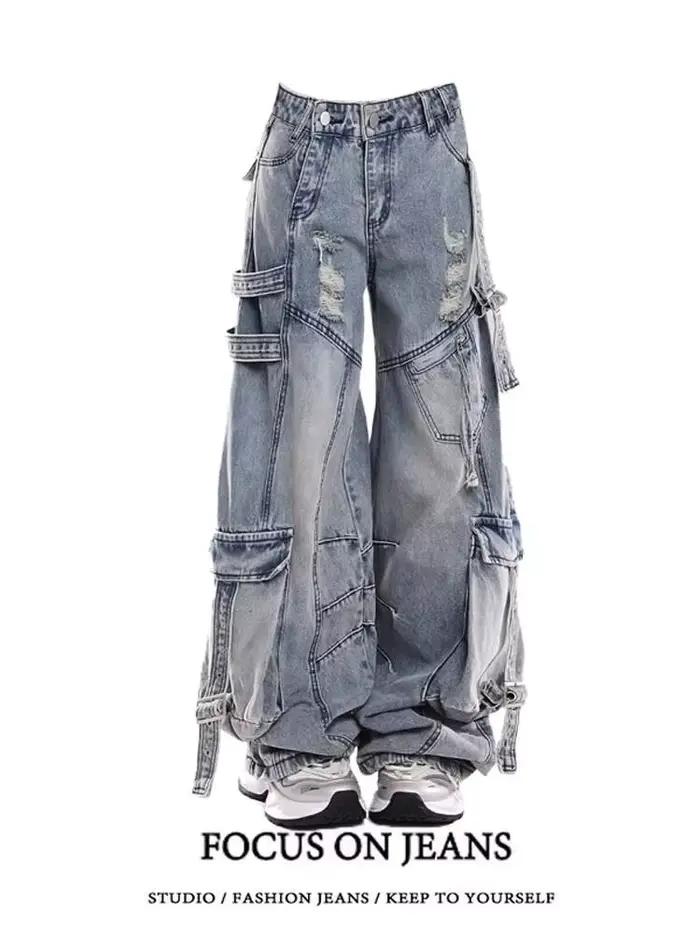 Unsiex Jeans 2026 printemps femmes rétro Cargo jean ceinturé déchiré jambe incurvée Multi poche irrégulière Denim ample