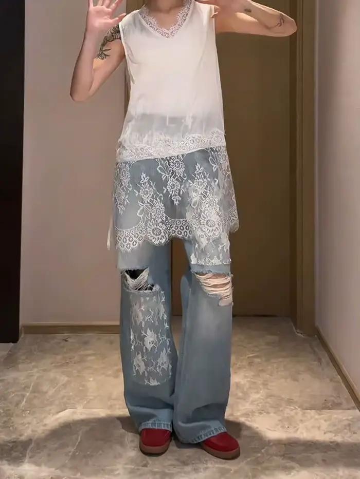 Nicemix été américain ample décontracté dentelle Patchwork déchiré jean pour femmes épicé fille rétro lavé taille haute jambe large pantalon