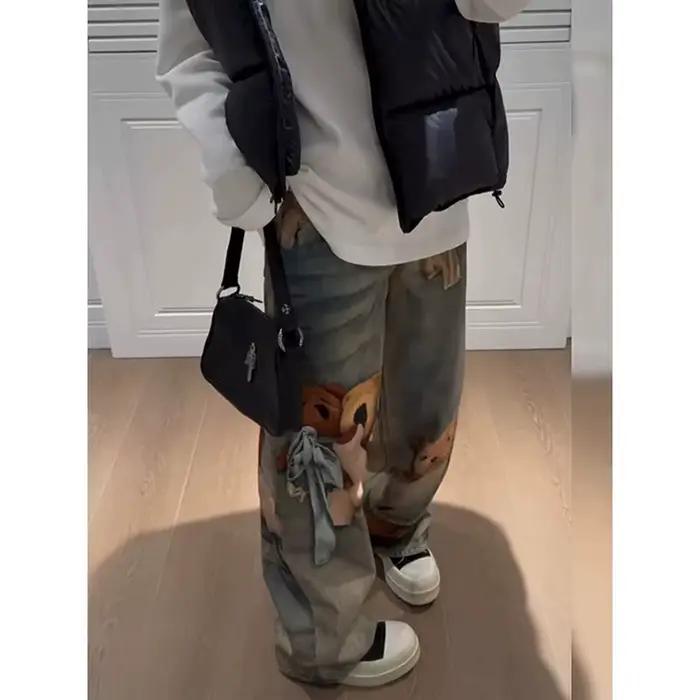 Pantalon Large à Jambe Droite Imprimé Little Bear Vintage Y2K Pour Femmes Occasions Printemps Automne