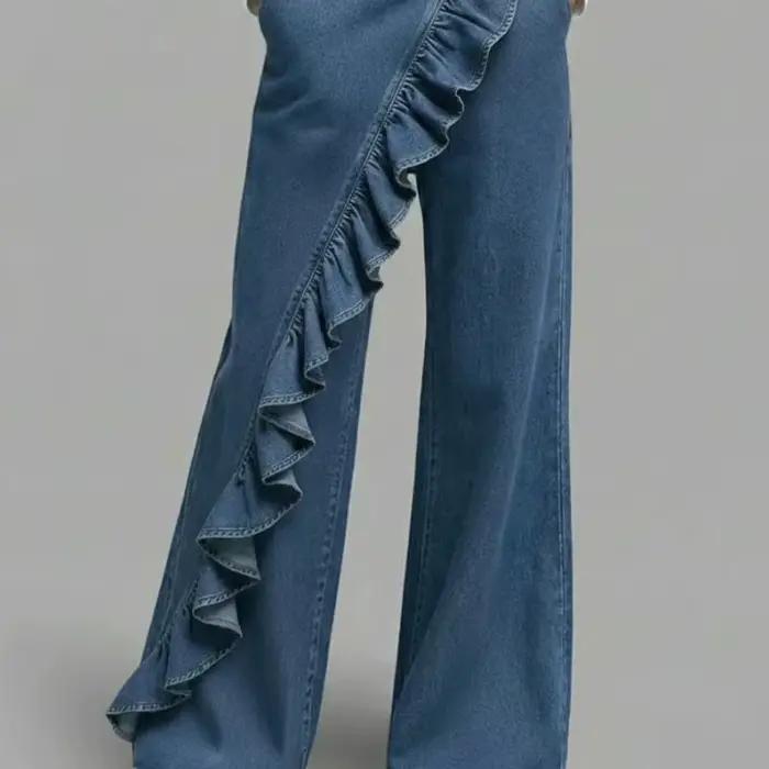 KIDCRKJ Nouveau Jean Américain Printemps 2026 Coupe Ample Irrégulière Taille Haute Évasée à Jambes Larges pour Femme